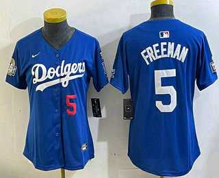 Womens Los Angeles Dodgers #5 Freddie Freeman Number Blue 2024 World Series With Fernando 34 Patch Limited Stitched Jerseys